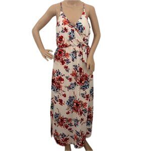 Scobe Cream Red Blue Floral Maxi Dress Wrap-Style Front Spaghetti Straps -Size M
